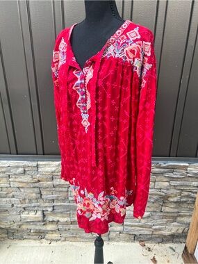 Johnny Was Crimson Red Embroidered Peasant Blouse / Top sz XL